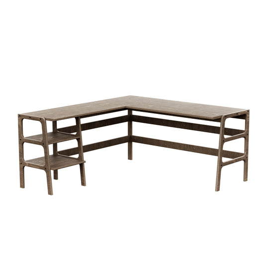 Mid-Century L-Shape Desk, Shelves, 65/65, in antic oak birch plywood