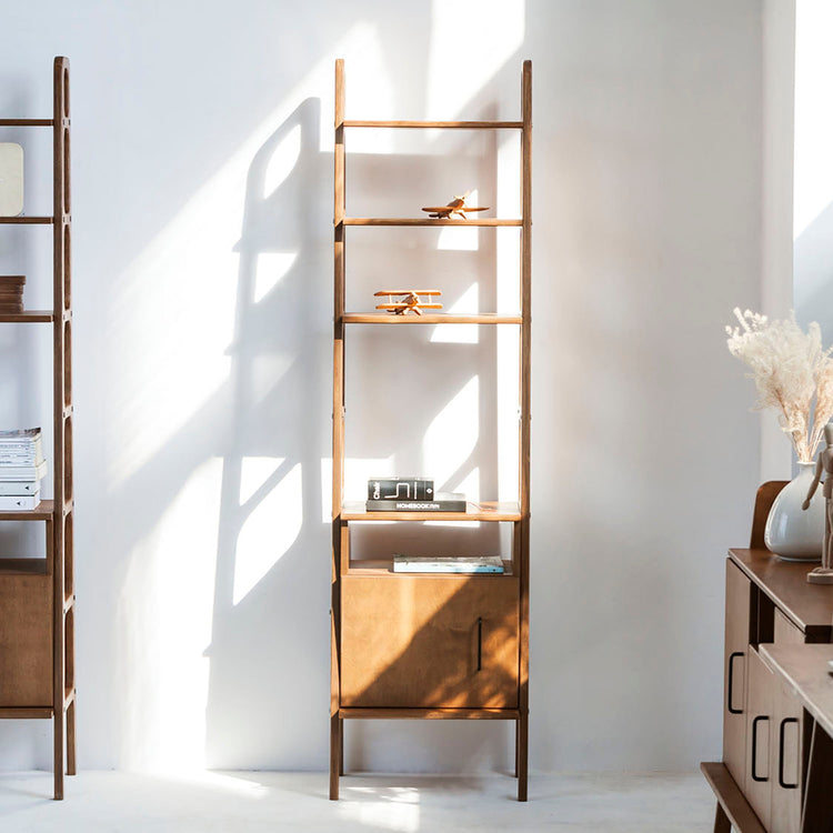 Walnut-mid-century-modern-bookcase-with-cabinet-open