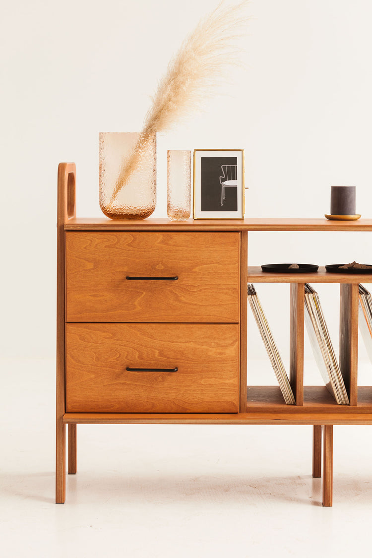drawers-of-wooden-teak-media-console-with-drawers-and-vinyl-storage