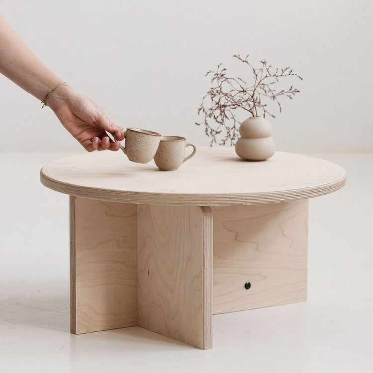 Japandi round coffee table handmade in Europe from birch plywood with natural oil-wax finish