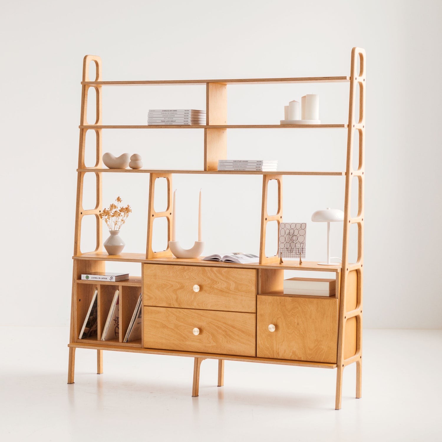 Maxi Bookcase, 166 cm, Vinyl + Drawers + Open, in birch plywood