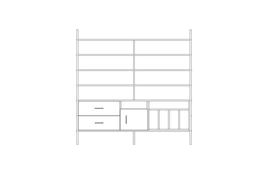 Modular wall unit in birch plywood, 190 x 189 cm, with open shelves and storage modules
