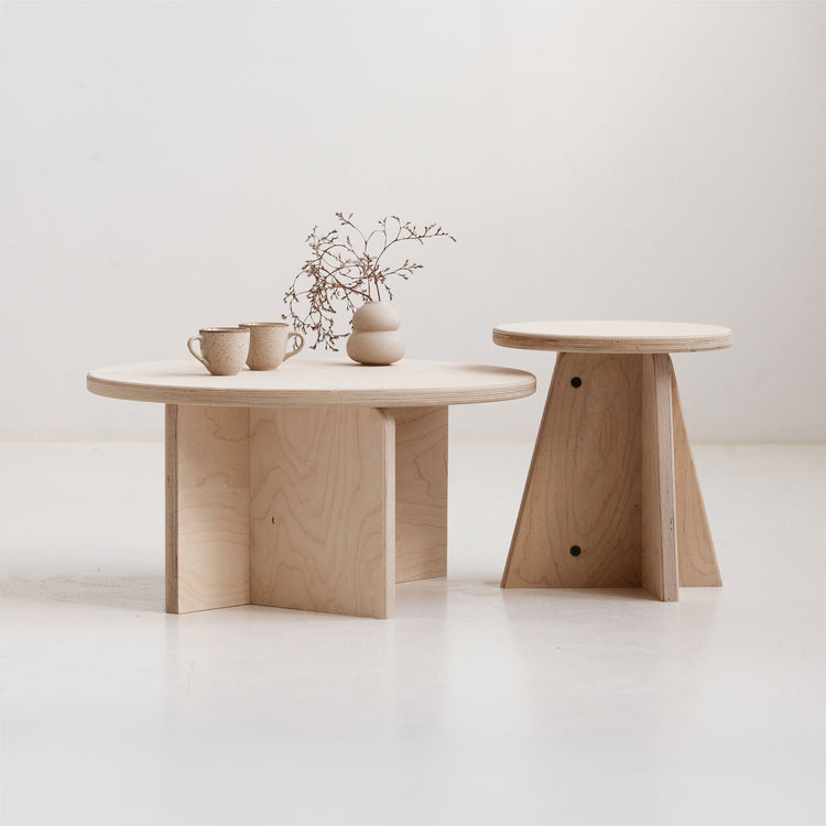 Minimalist nesting tables set in sustainable birch plywood with natural oil-wax finish