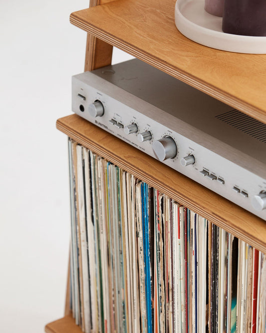 Close-up of amplifier resting above a full row of 12-inch LPs in the lower vinyl storage bay, wooden shelves