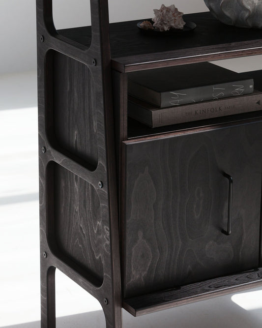 Midi Bookcase with open cabinet, 140 cm, in birch plywood