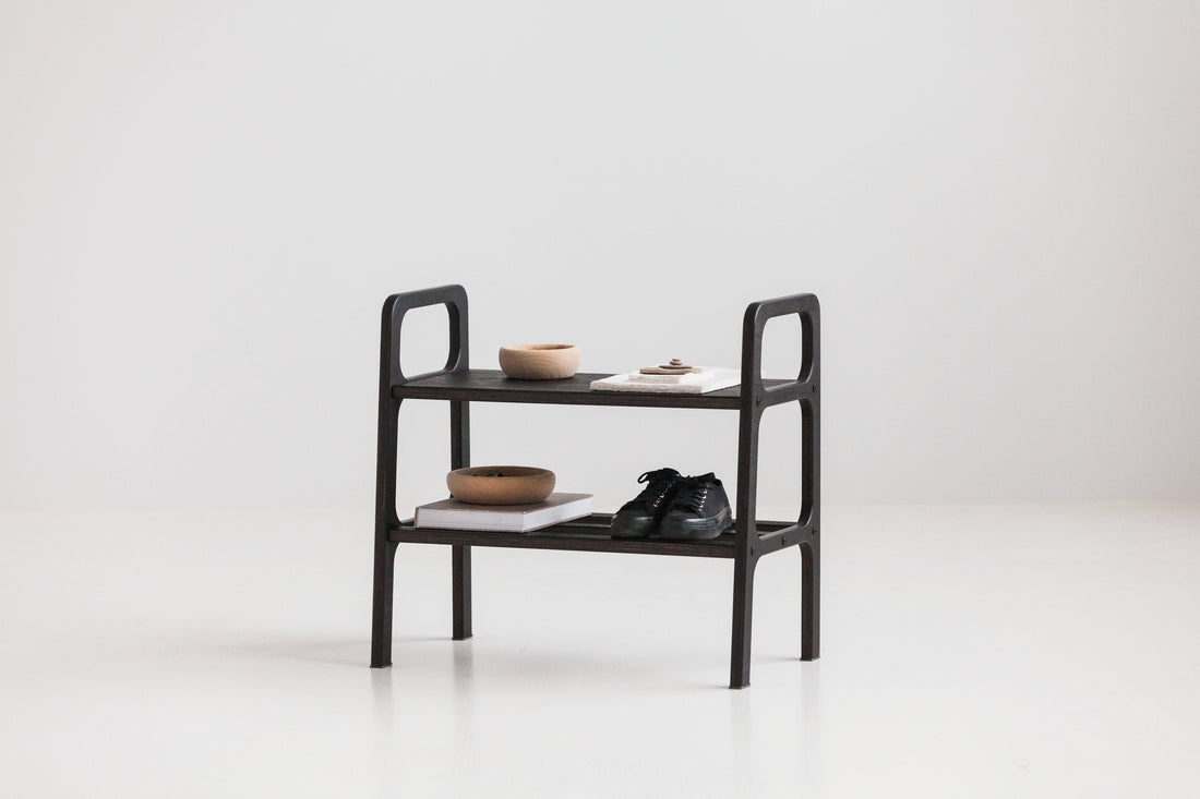Mid-century entryway and shoe benches in birch plywood