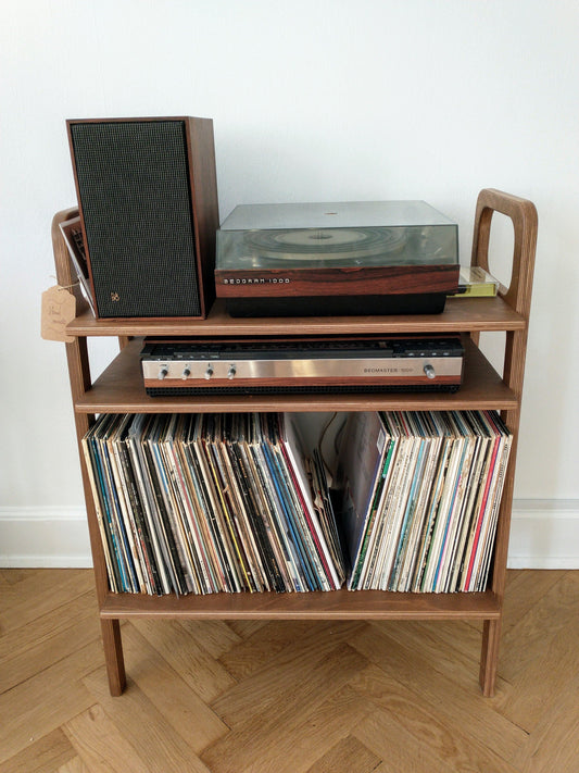 Plywood Mini bookcase used as a record player stand with a vintage Bang & Olufsen turntable and vinyl, near Copenhagen