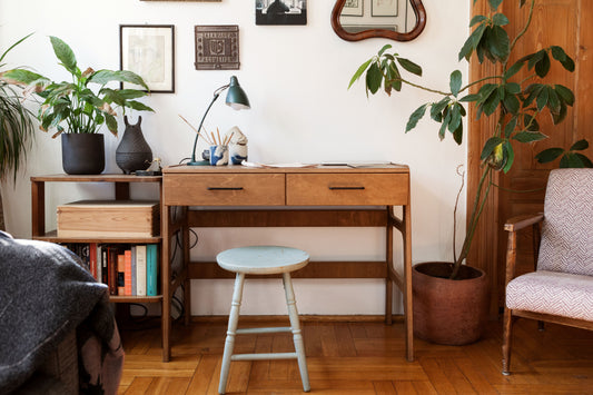 Mid-century home office in birch plywood - slim desk and open console