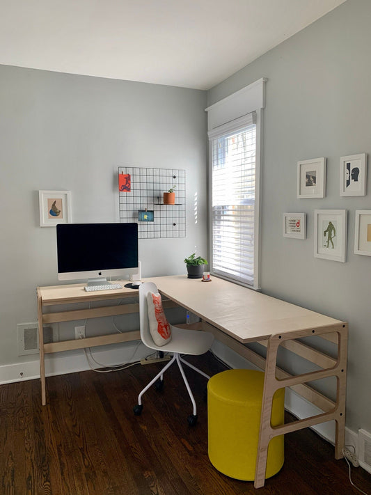 Custom natural birch plywood L-shape desk in Kristine's Ferndale home office