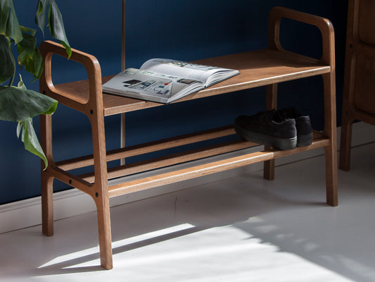 Mid century entryway bench in full sun walnut color