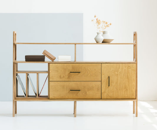 Minimalist wooden Sideboard customized Vinyl Record Storage, Handmade mid century modern furniture made of wood with cabinet and drawers and record cabinet