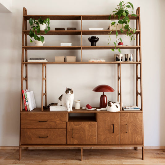 Walnut-toned plywood wall unit with open shelving and a credenza in a mid-century living room, with two cats