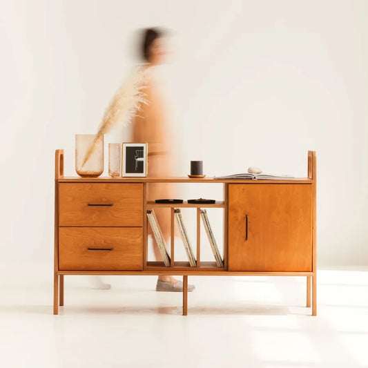 Mid-century modern shelf and sideboard in a minimalist modern interior