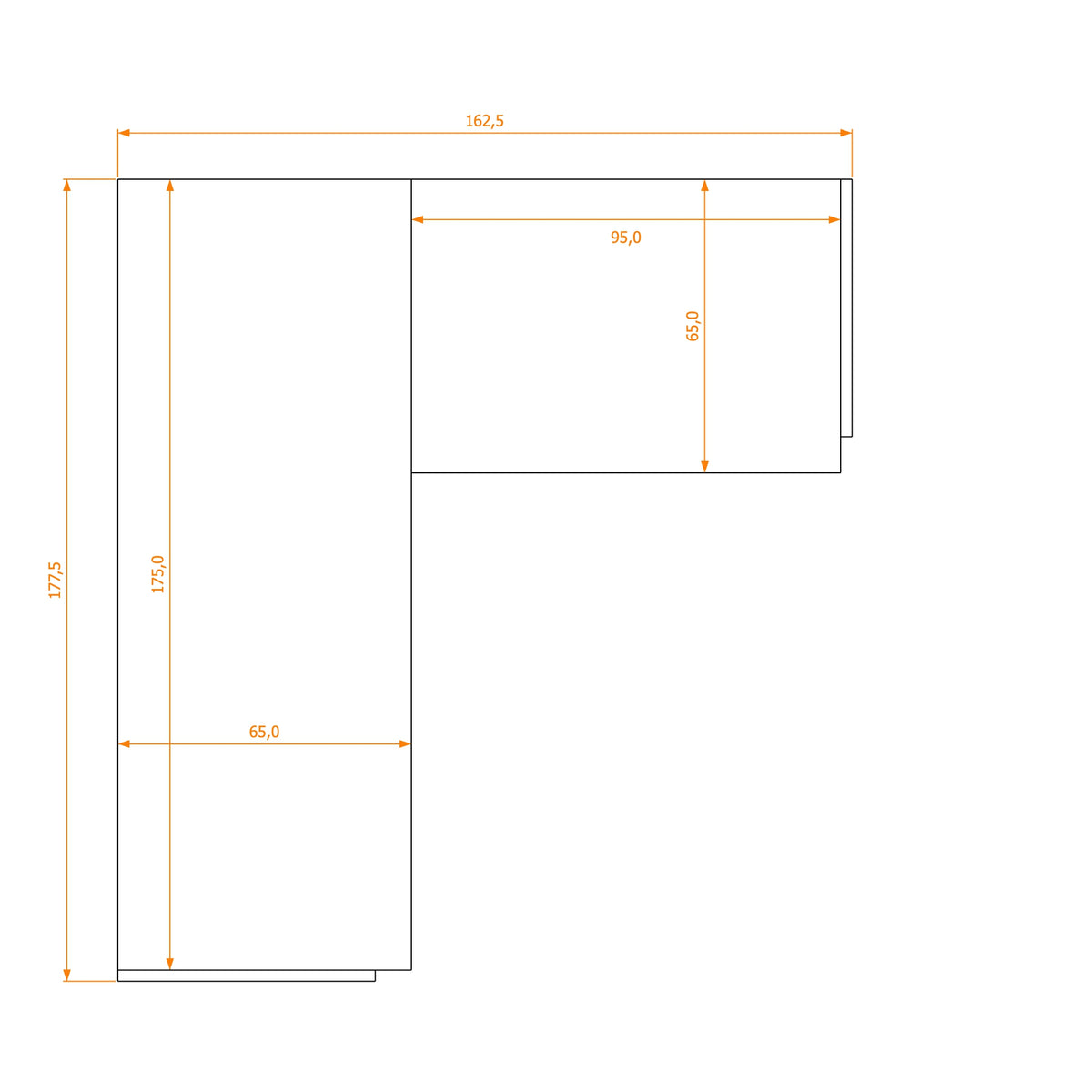 L-Shape Desk 65/65 · footprint 162.5 cm