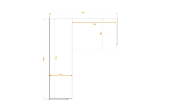 L-Shape Desk 49/65 · footprint 146.5 cm