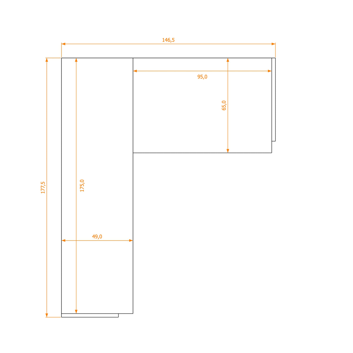L-Shape Desk 49/65 · footprint 146.5 cm