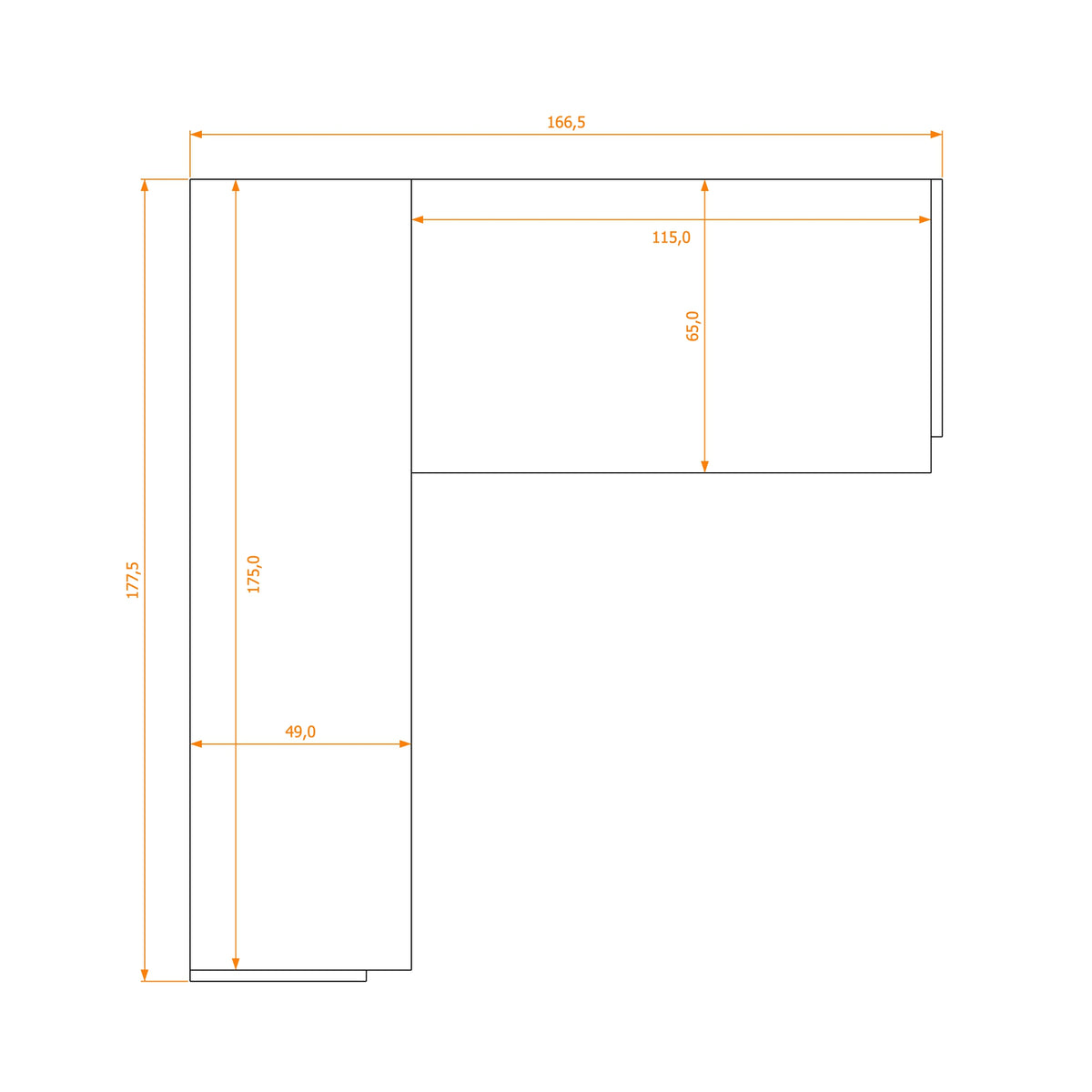 L-Shape Desk 49/65 · footprint 166.5 cm
