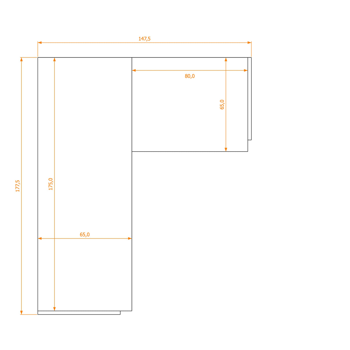 L-Shape Desk 65/65 · footprint 147.5 cm