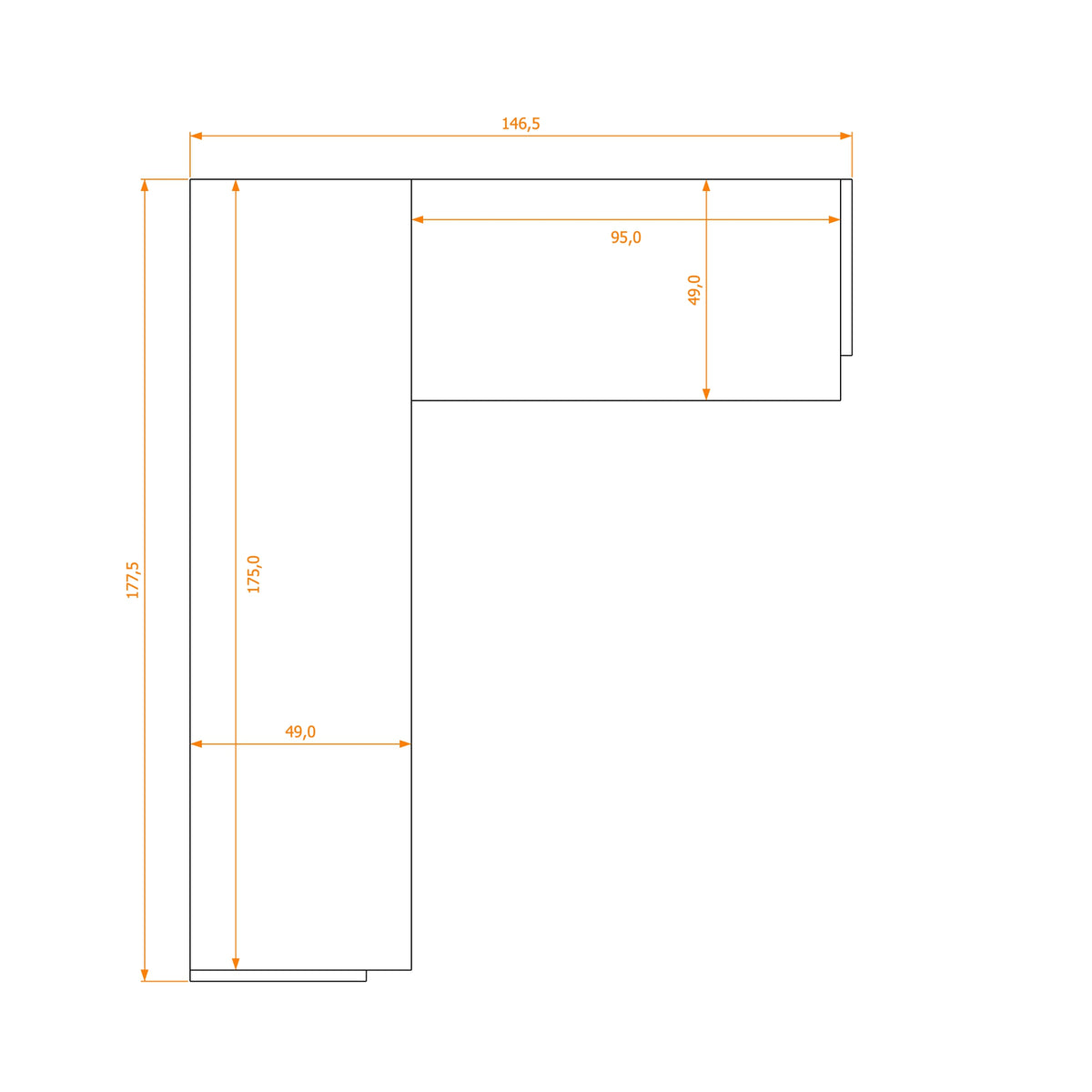 L-Shape Desk 49/49 · footprint 146.5 cm