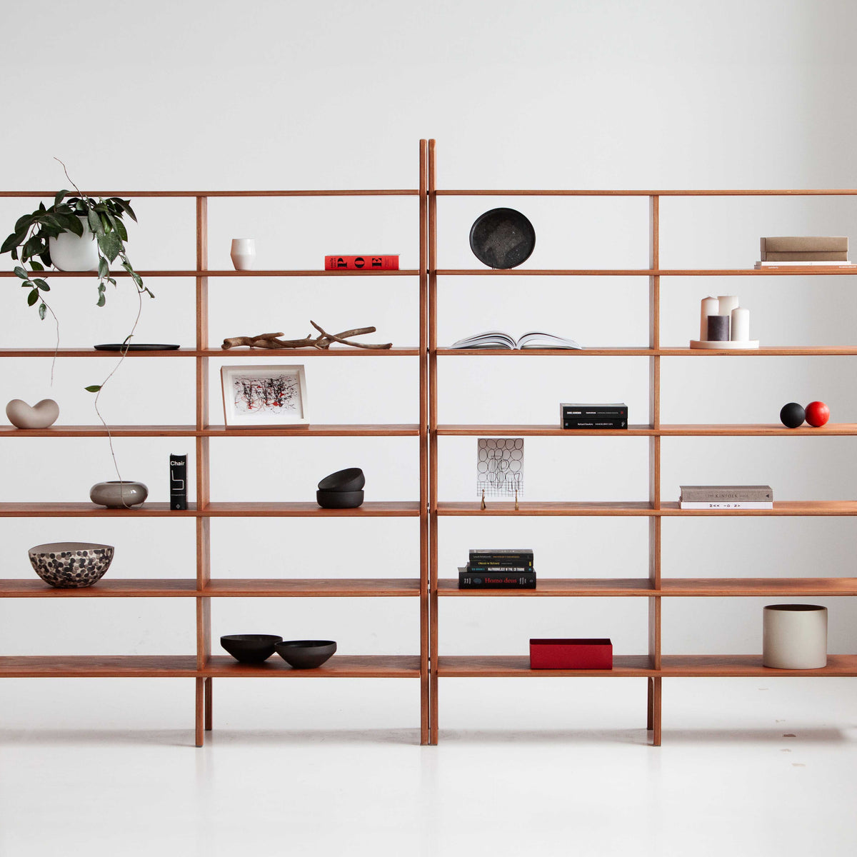 Double Library Wall Unit, 143 cm, in teak birch plywood