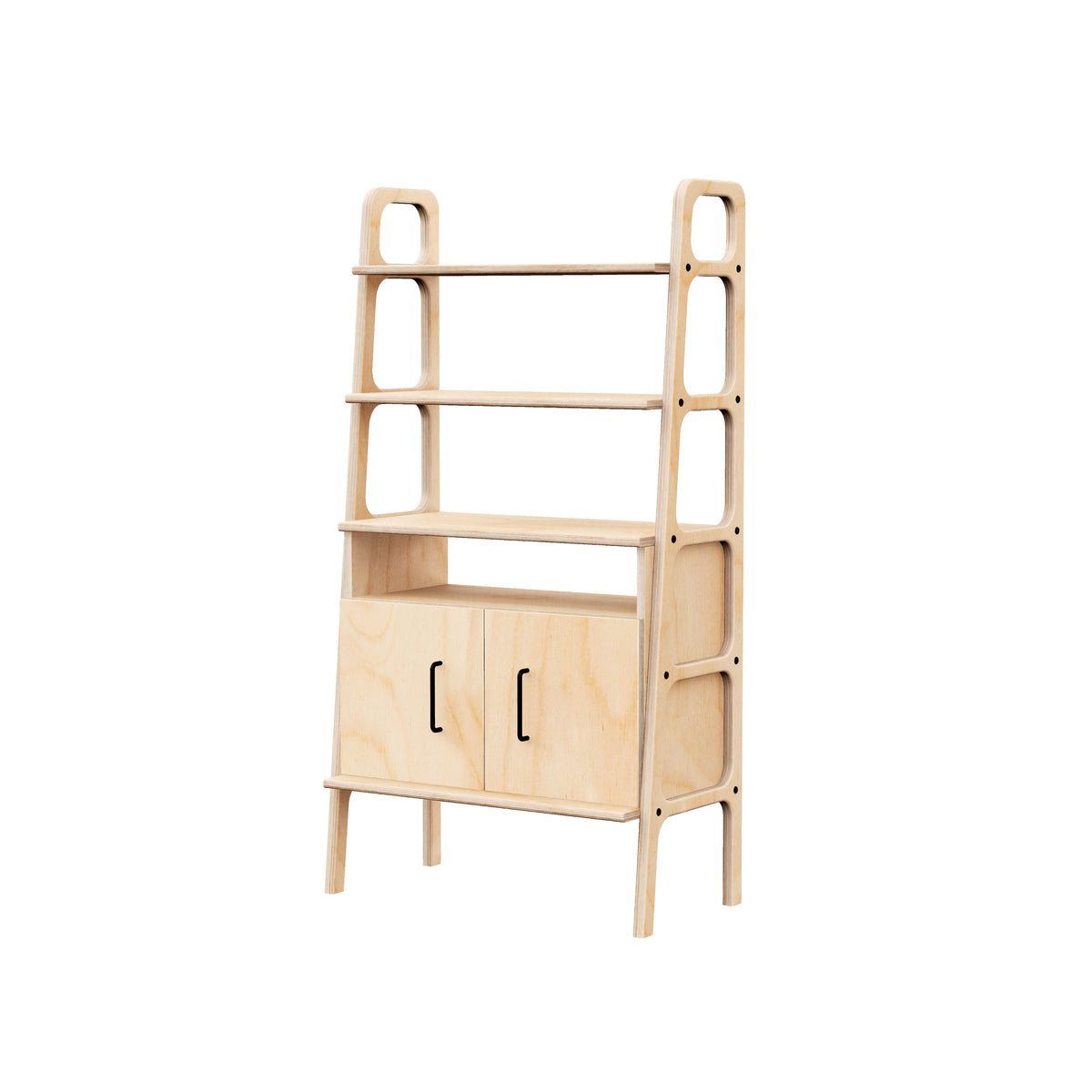 Midi Bookcase with open cabinet, 140 cm, 74 cm wide, in transparent birch plywood
