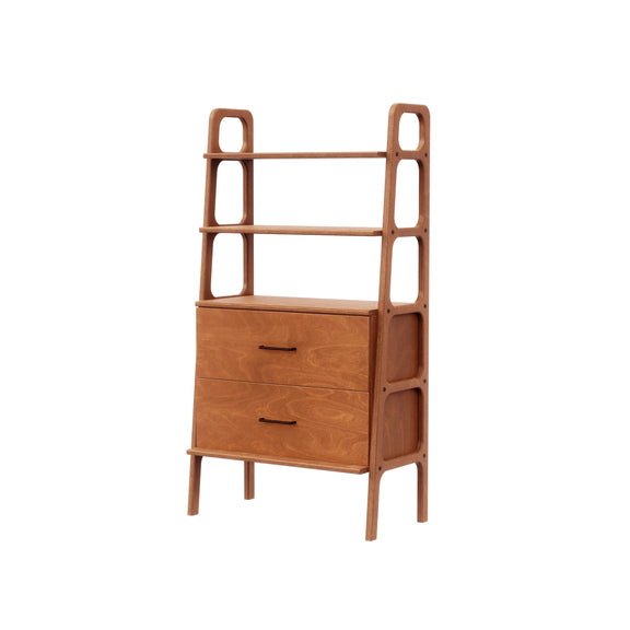 Midi Bookcase with drawers, 140 cm, 74 cm wide, in teak birch plywood