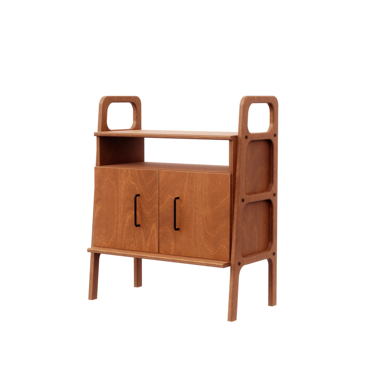 Mini Bookcase with open cabinet, 90 cm, 74 cm wide, in teak birch plywood