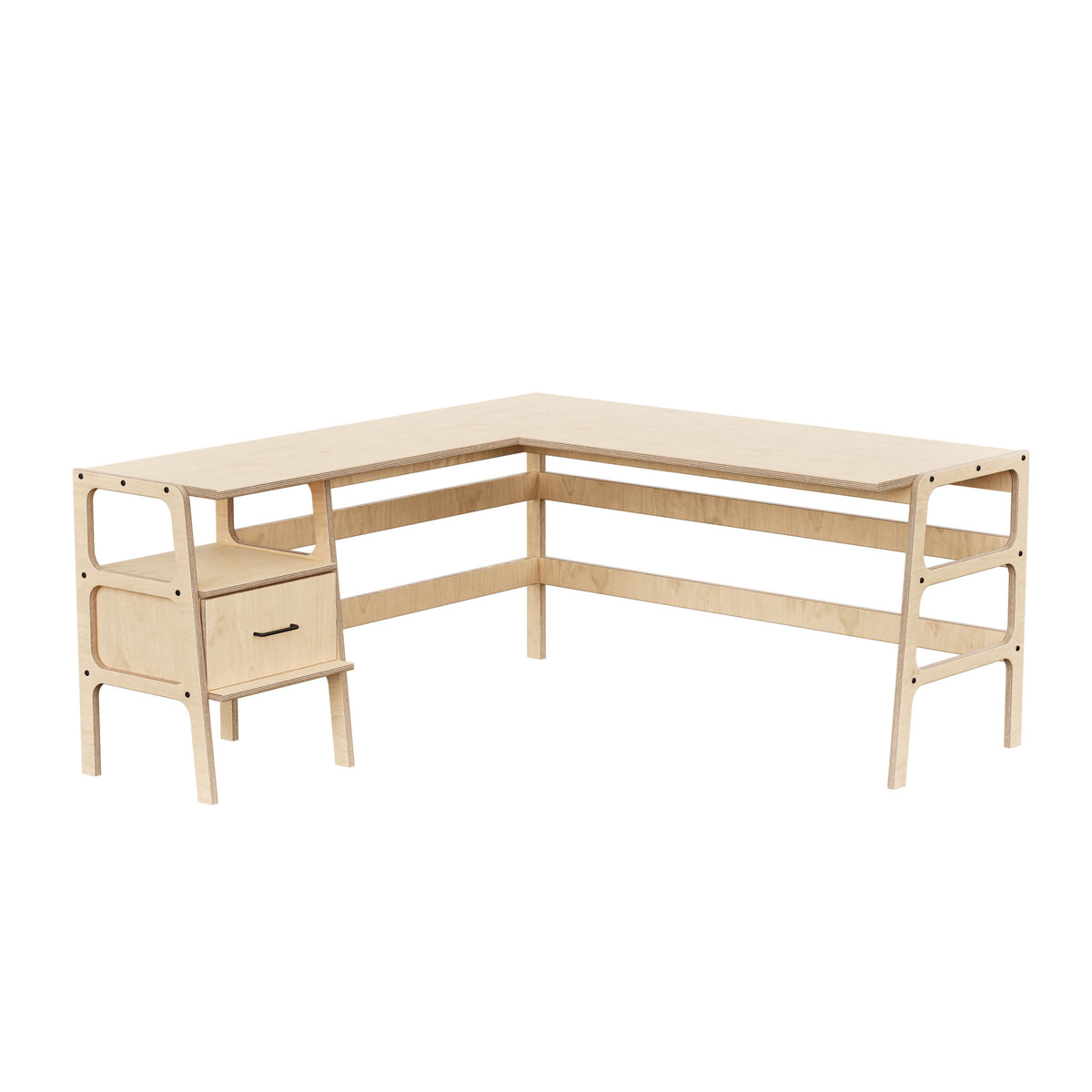Mid-Century L-Shape Desk, 1 Drawer, 49/65, in transparent birch plywood