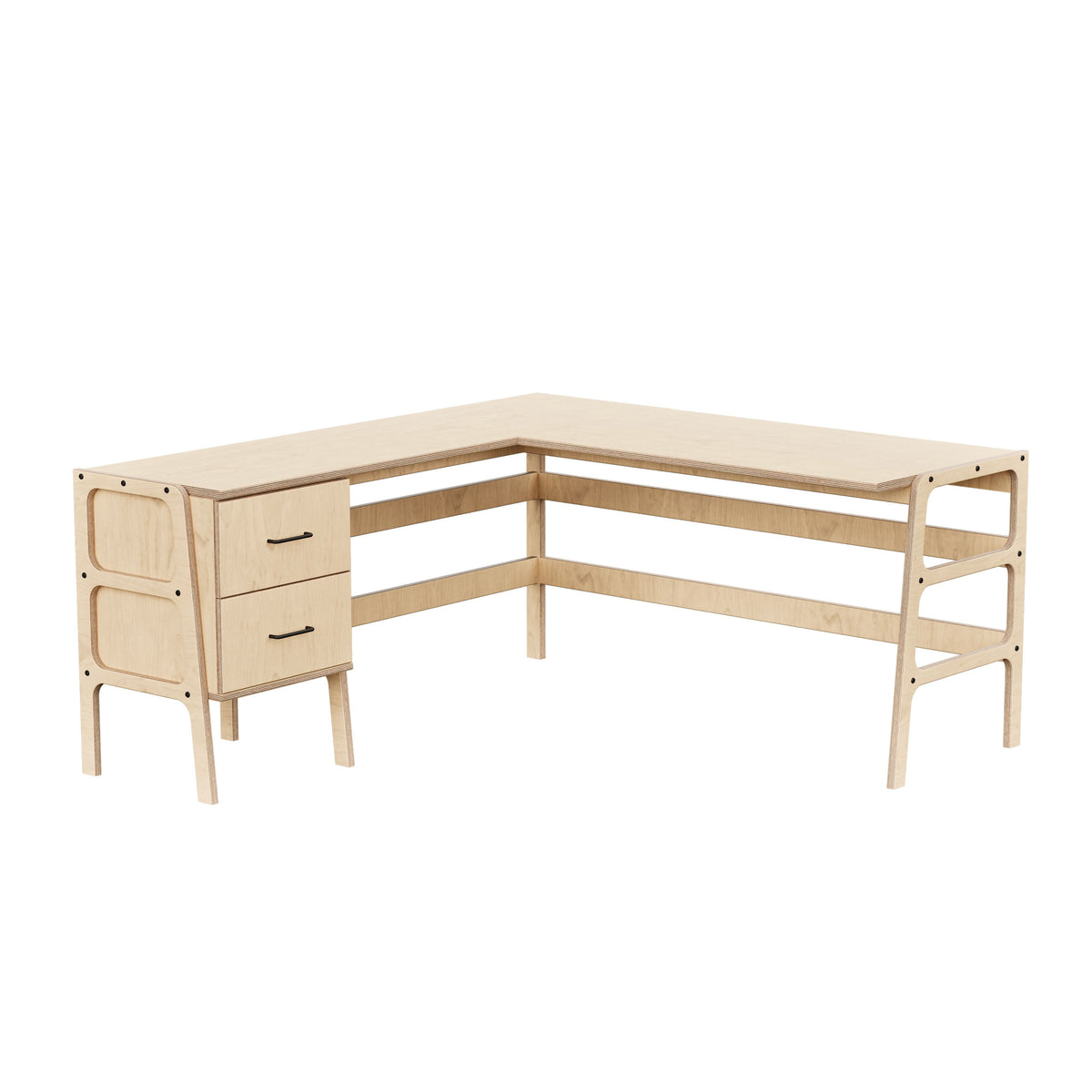 Mid-Century L-Shape Desk, 2 Drawers, 49/65, in transparent birch plywood