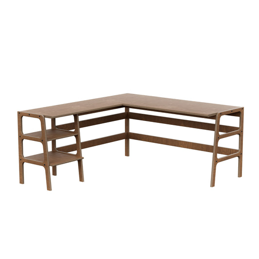 Mid-Century L-Shape Desk, Shelves, 65/65, in walnut birch plywood