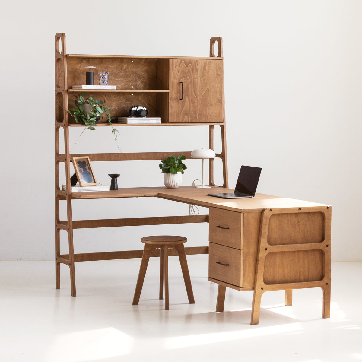 Mid-Century L-Shape Desk with Bookcase, 190 cm, in birch plywood (view 9)