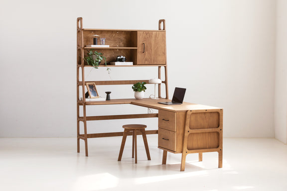 Mid-Century L-Shape Desk with Bookcase, 190 cm, in birch plywood (view 9)