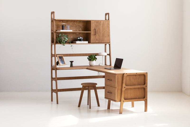 Mid-Century L-Shape Desk with Bookcase, 190 cm, in birch plywood (view 9)