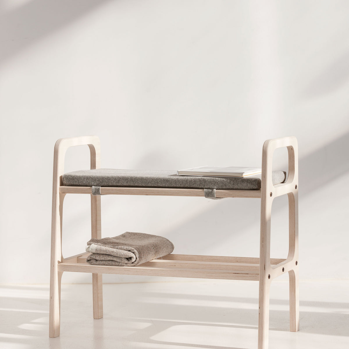 Japandi Shoe Bench with Cushion, in birch plywood (view 2)