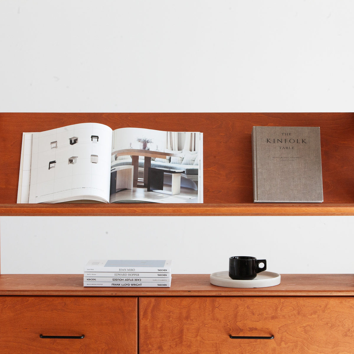 Mid-century plywood magazine display bookcase with angled display shelf and four drawers