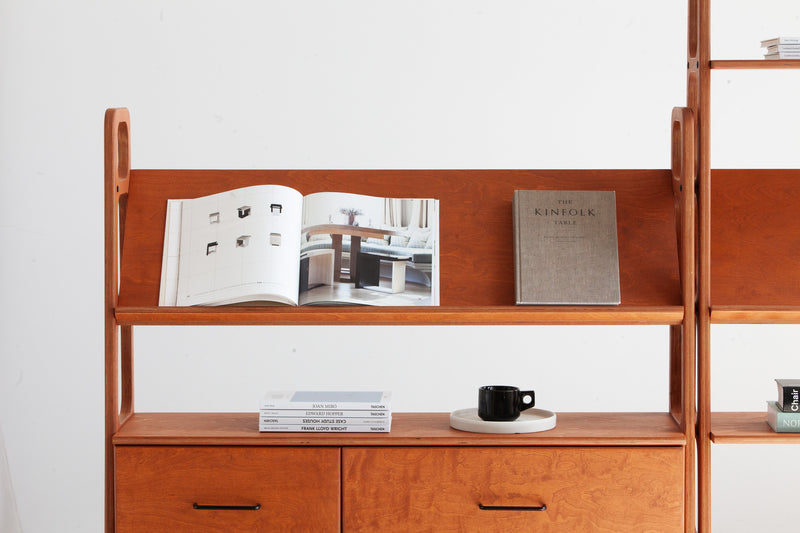 Mid-century plywood magazine display bookcase with angled display shelf and four drawers