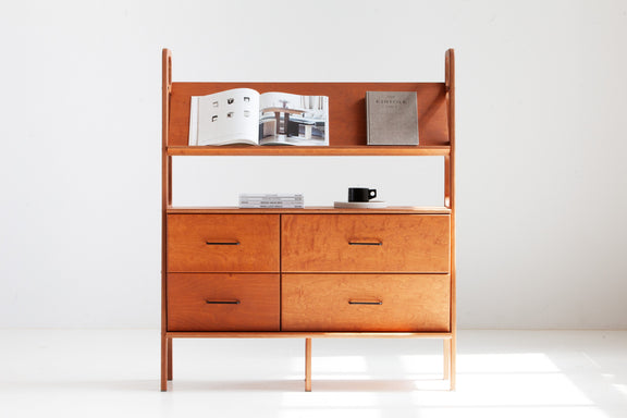 Mid-century plywood magazine display bookcase with angled display shelf and four drawers