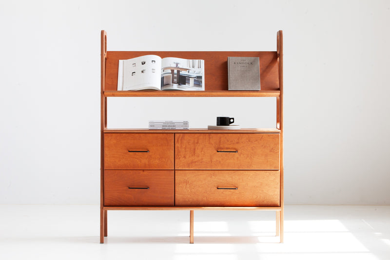 Mid-century plywood magazine display bookcase with angled display shelf and four drawers