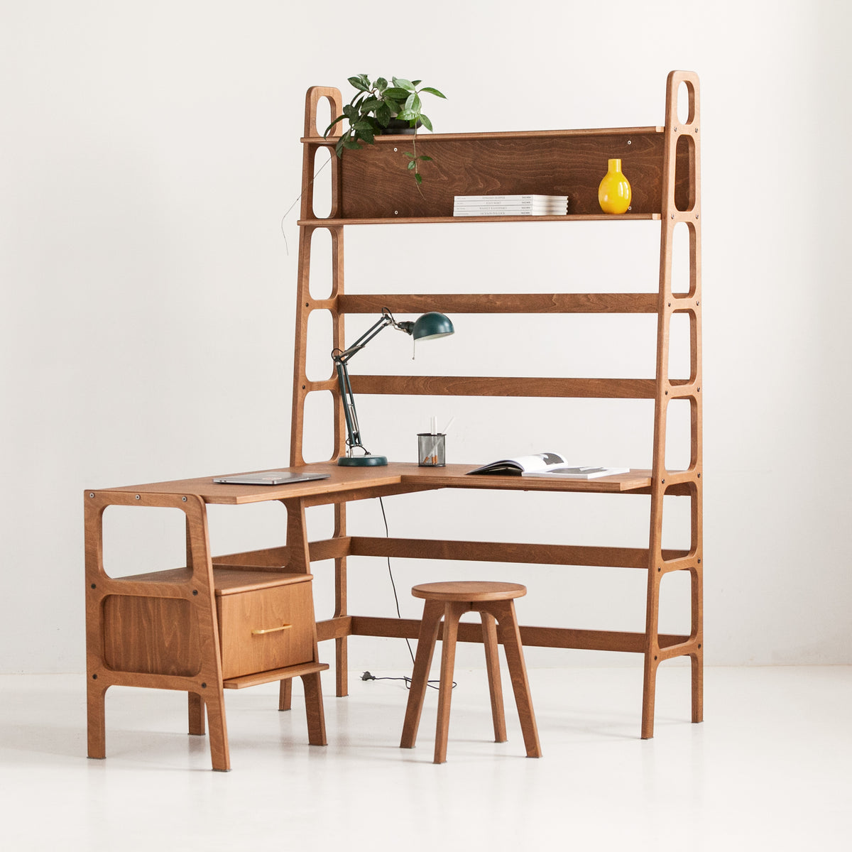 Mid-Century L-Shape Desk with Bookcase, 190 cm, in birch plywood (view 8)