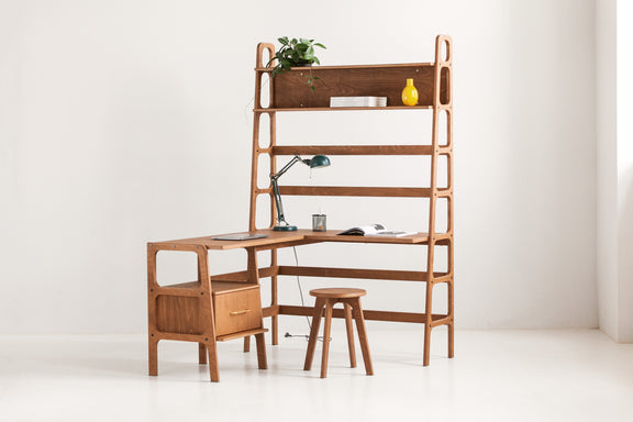 Mid-Century L-Shape Desk with Bookcase, 190 cm, in birch plywood (view 8)