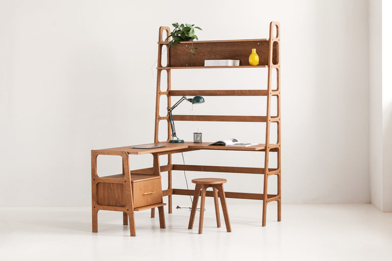 Mid-Century L-Shape Desk with Bookcase, 190 cm, in birch plywood (view 8)