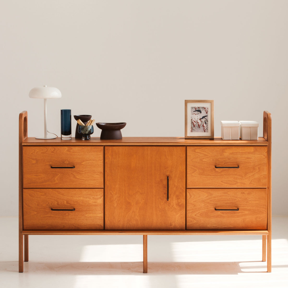 Mid-Century Credenza, Two Drawers & Cabinet, 143 cm, in birch plywood (view 2)