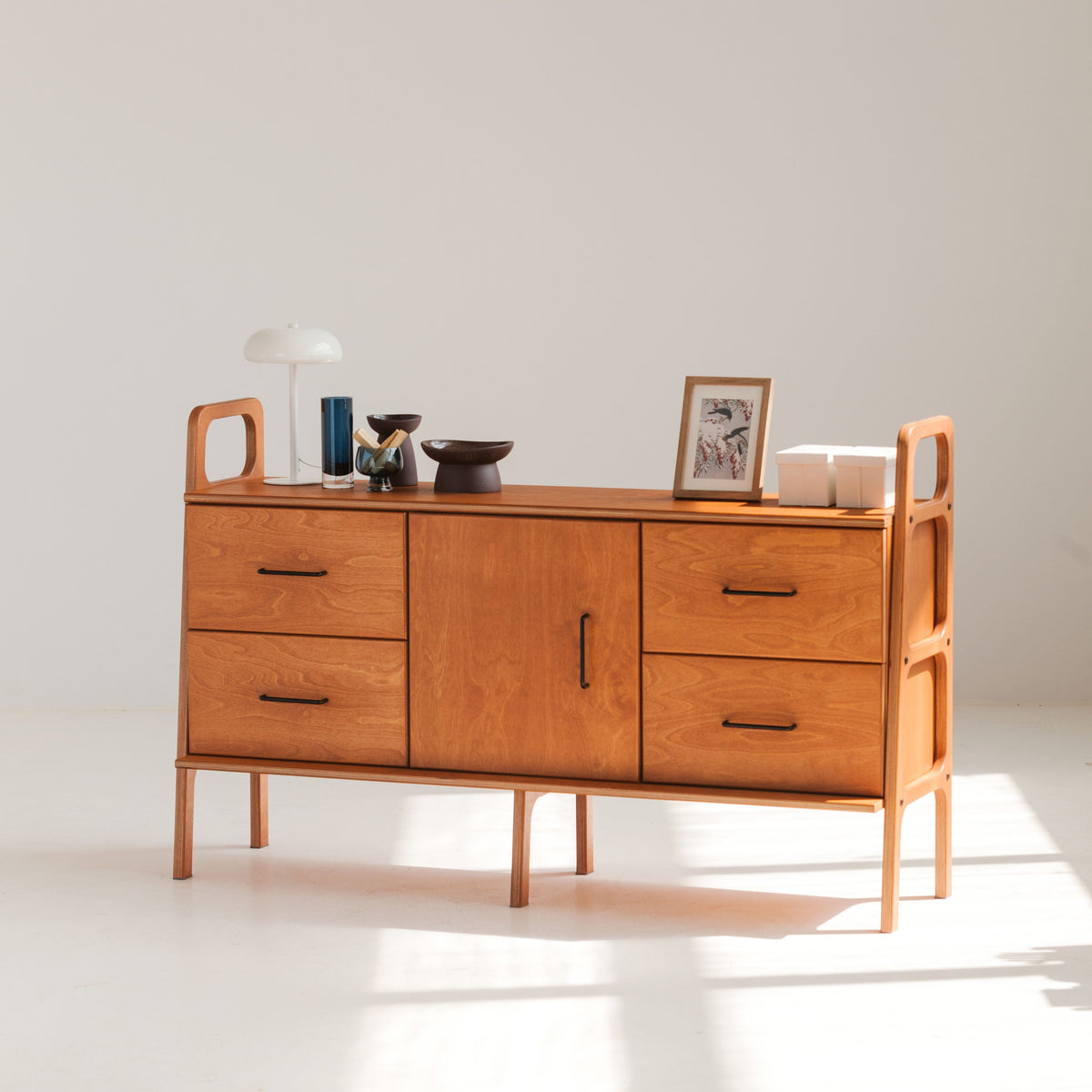 Mid-Century Credenza, Two Drawers & Cabinet, 143 cm, in birch plywood