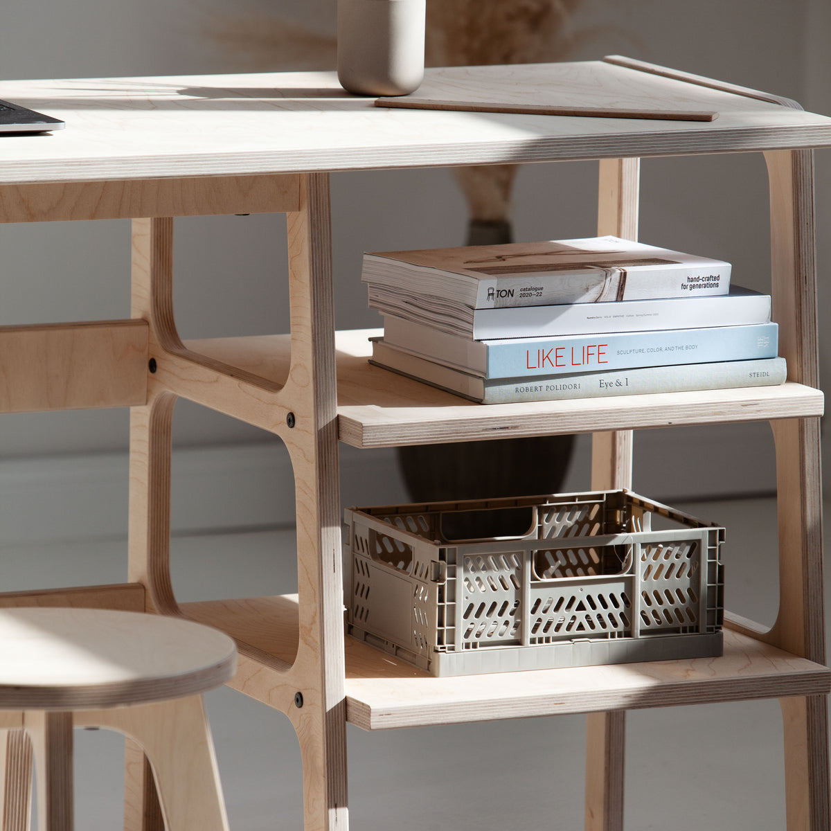 Mid-Century Desk, 180 cm, 2 Drawers & 2 Shelves, in birch plywood (view 2)