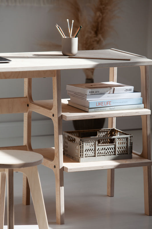 Mid-Century Desk, 180 cm, 2 Drawers & 2 Shelves, in birch plywood (view 2)