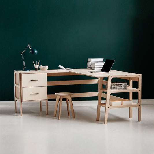 Mid-century-modern-corner-desk-with-drawers-and-shelves-in-natural-wood-stain