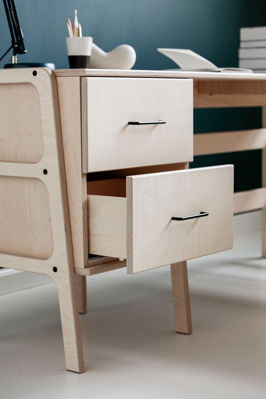 Mid-century-modern-corner-desk-with-drawers-and-shelves-in-natural-wood-stain