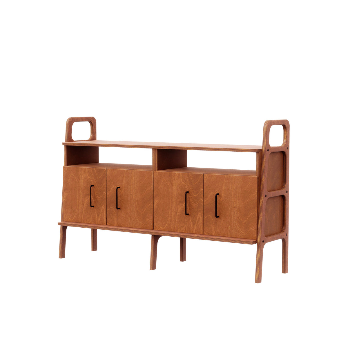 Mid-Century Credenza, Two Open Cabinets, 143 cm, 74 cm wide, in teak birch plywood