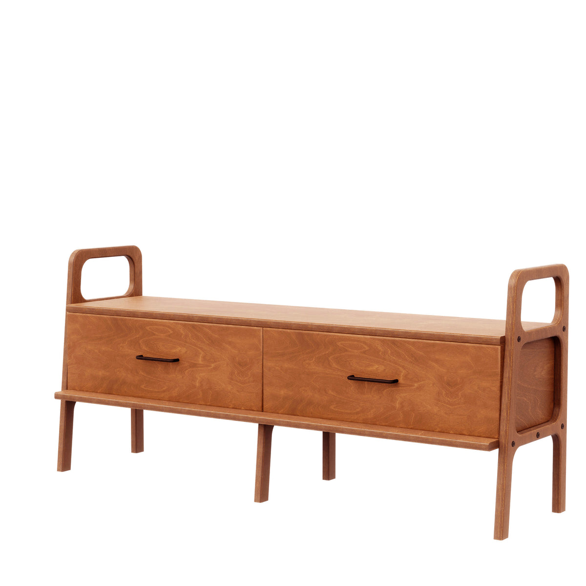 Mid-Century TV Stand, 2 Drawers, in teak birch plywood