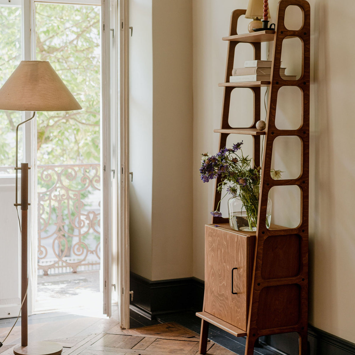 Walnut-mid-century-modern-bookcase-with-cabinet